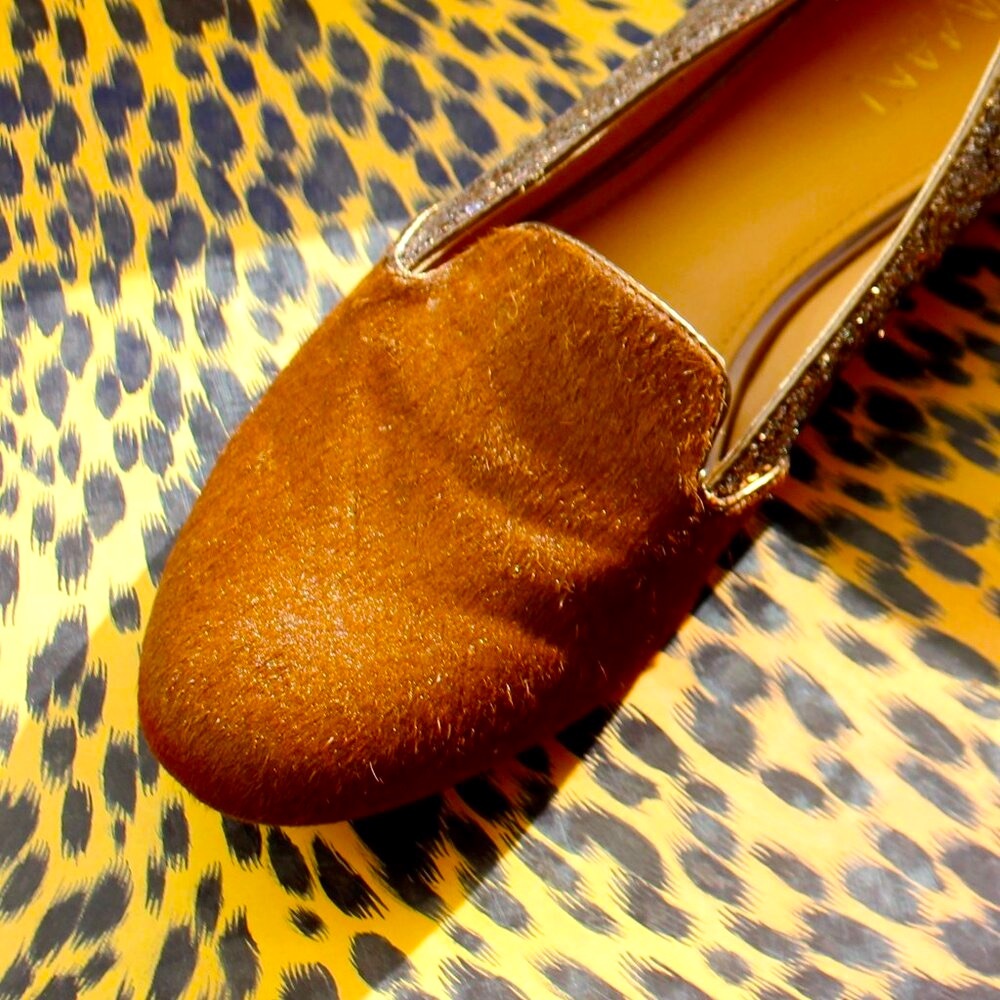 New Iman Almond Toe Glitter Slip-On Flats in Brown Cowhide.
